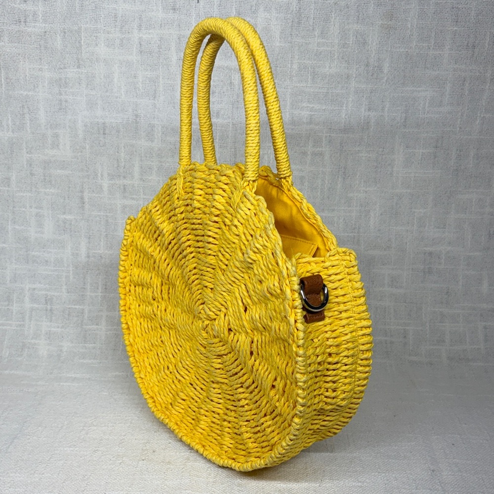 MMS Round Yellow straw Raffia Woven Handbag with zip closure and Top Handle - Picture 7 of 12